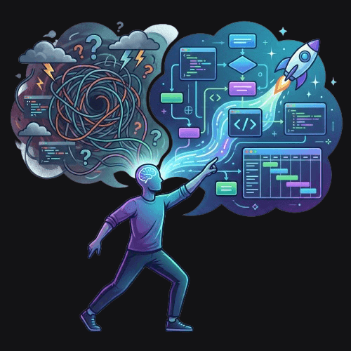 Illustration depicting the chaotic process of turning unorganized ideas into structured web engineering infrastructure.