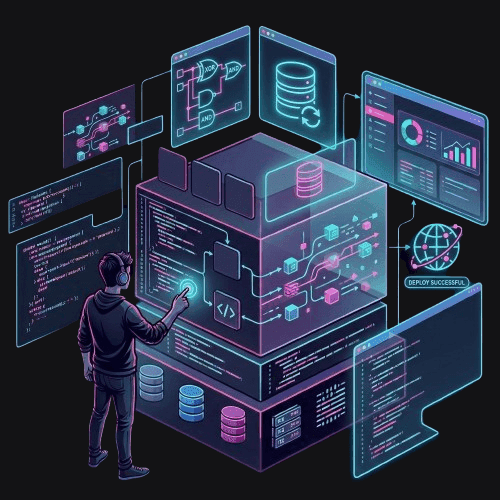3D visualization of responsive web application interfaces extending outward from a centralized backend core server.