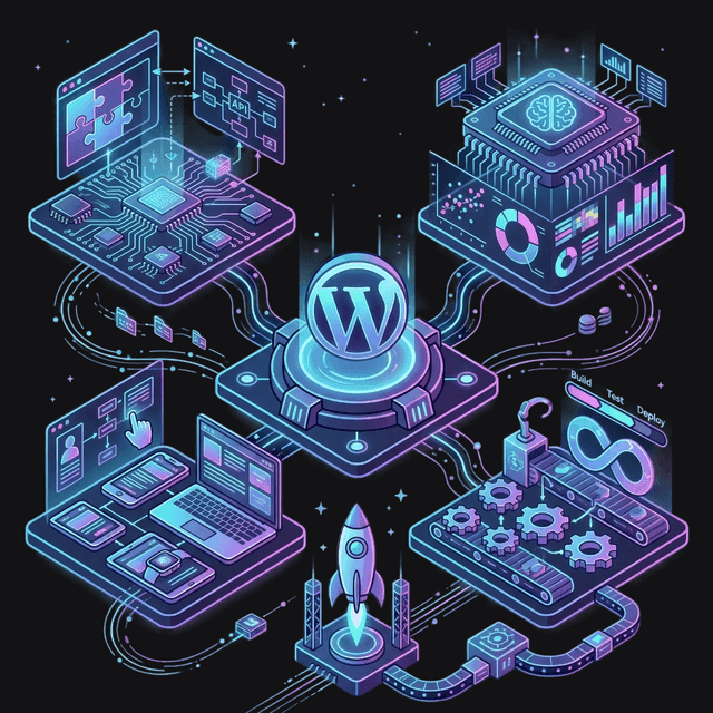 Conceptual 3D illustration representing a custom, decoupled WordPress architecture with connected database and frontend nodes.